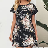 Ladies' Floral Print Skirt with Batwing Sleeves – Casual Pullover Round Neck Dress