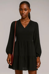 Vestido original de gasa de manga larga con cuello en V y línea A