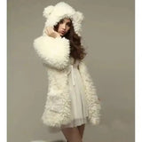 Fuzzy Hooded Winter Coat with Ears-White-1