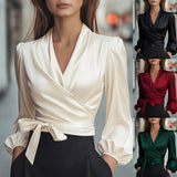 Satin V-Neck Tie Waist Blouse