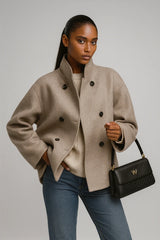 Classic beige wool coat with double-breasted buttons for women