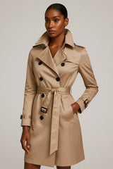 Classic tan trench coat for women - elegant belted outerwear for timeless style