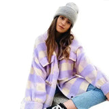 Warm Knit Beanie and Plush Checked Jacket-Purple-1