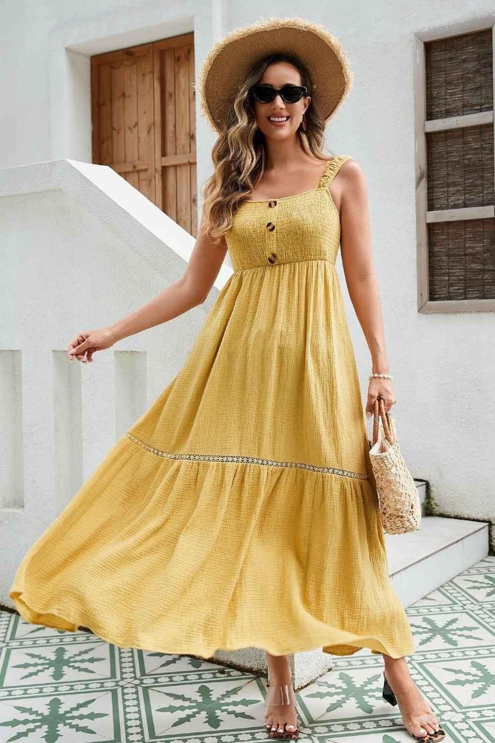 Women's Textured Cotton Maxi Dress - Elastic Smocked Front, Bow-Tie Back, And Lace Trimmed Hem In Elegant Yellow-Green-White