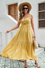 Women's Textured Cotton Maxi Dress - Elastic Smocked Front, Bow-Tie Back, And Lace Trimmed Hem In Elegant Yellow-Green-White