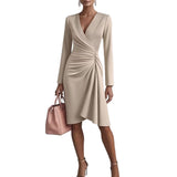 V Neck Folds  Solid Color Slim-fit Long Sleeve V-pleated Design Dress  Women's Office Commuter A-line Midi Party Dresses Female Clothing