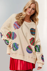 Double Take Christmas Element Sequin Round Neck Long Sleeve Sweatshirt-Cream-1