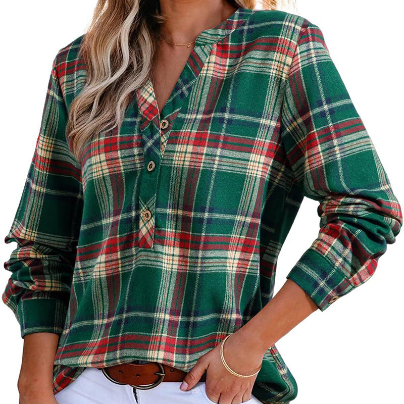 Plaid V-Neck Button Down Blouse