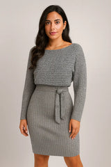 2pcs Traje de las mujeres de rayas sólidas de manga larga Top y falda tirantes apretados Moda Otoño Invierno Ropa Slim