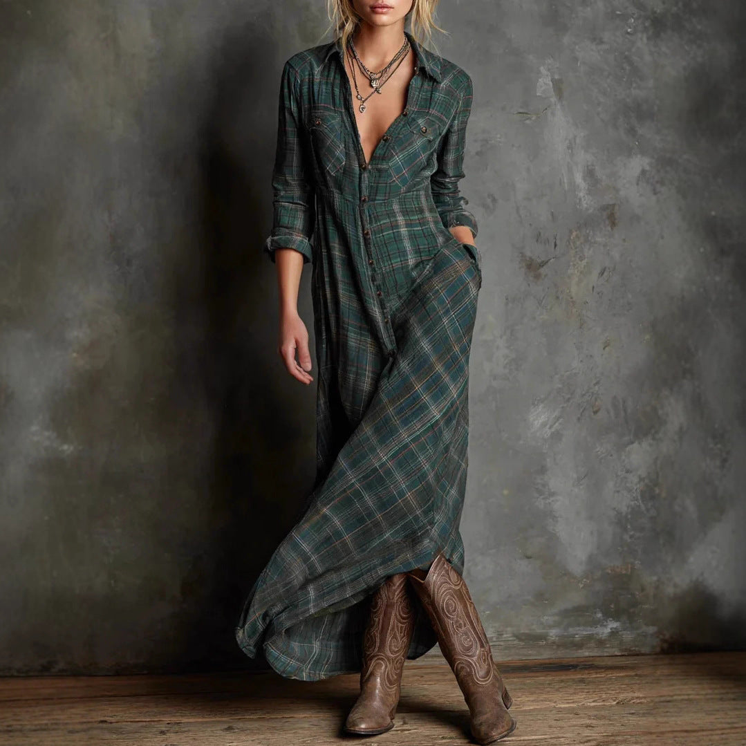 Casual Long Sleeve Lapel Plaid Long Dress