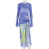 Fashion Women's Printed Mesh Slit Wrap Skirt With Pleats