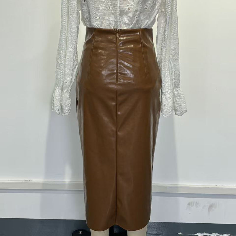 Faux Leather High Waist Midi Skirt