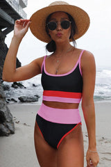 Color Block Spaghetti Strap Two-Piece Swim Set-Carnation Pink-1