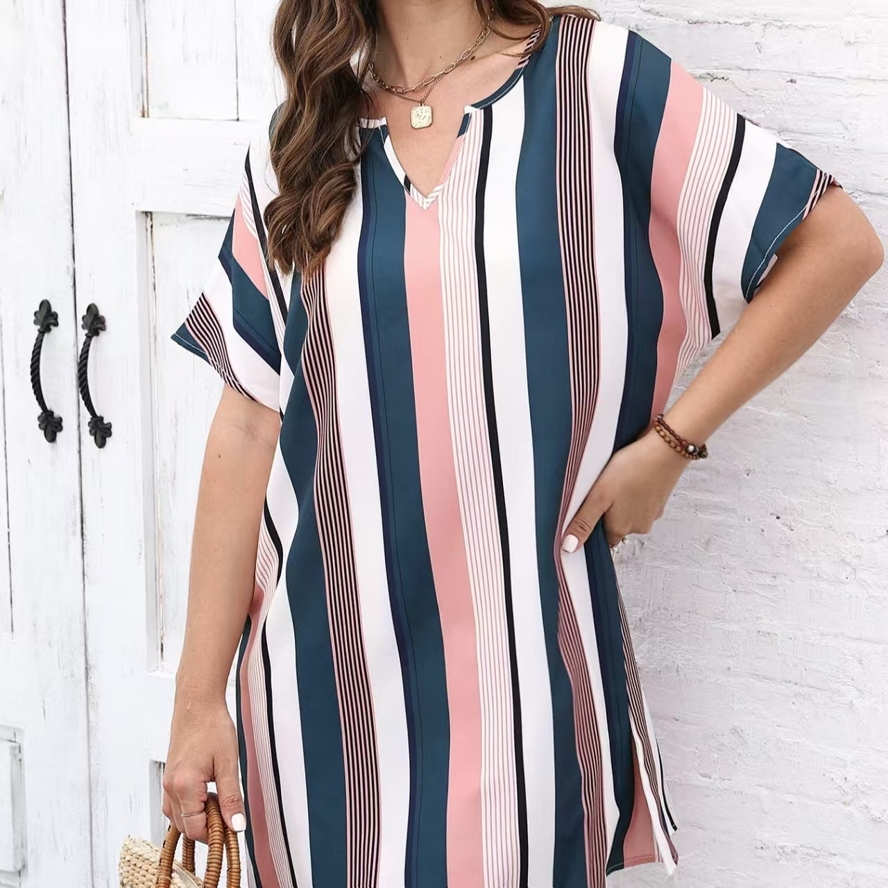 Ladies' Contrasting Striped Print V-Neck Short Dress – Casual Loose Fit for Effortless Style