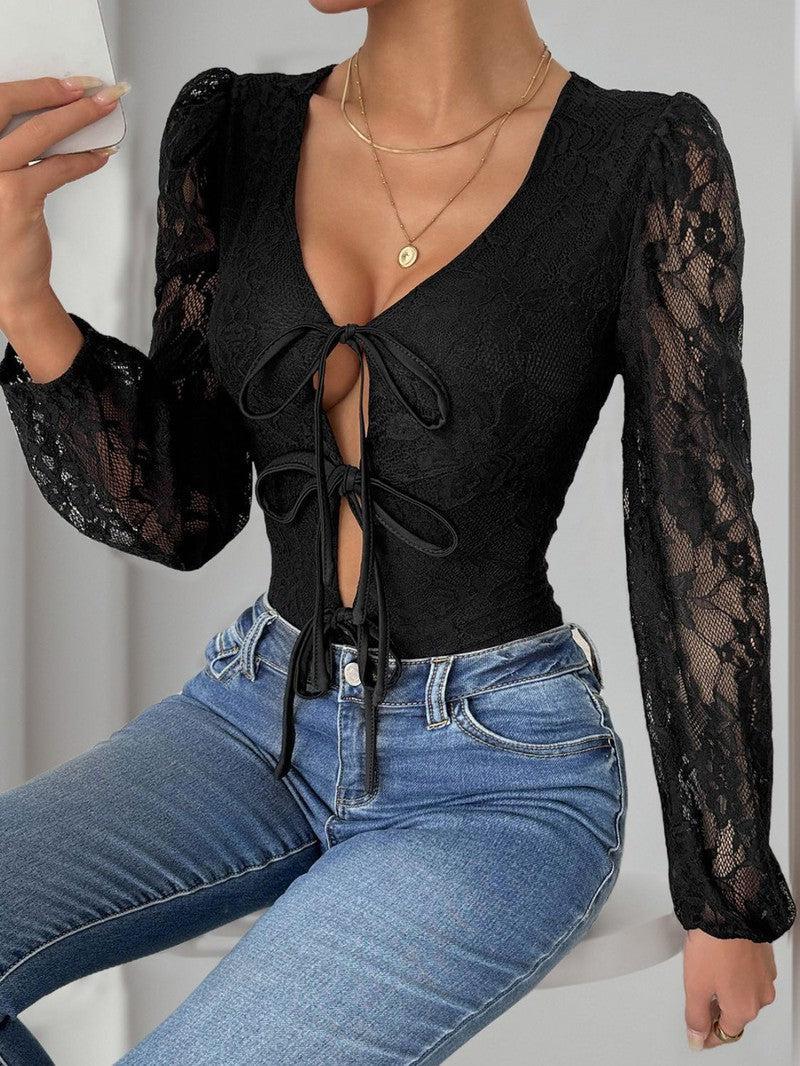 Perfee Tied Lace Long Sleeve Bodysuit-6