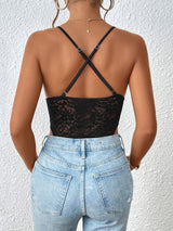 Perfee Crisscross Lace Spaghetti Strap Bodysuit-7