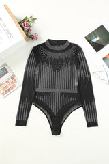 Rhinestone Round Neck Long Sleeve Bodysuit-4