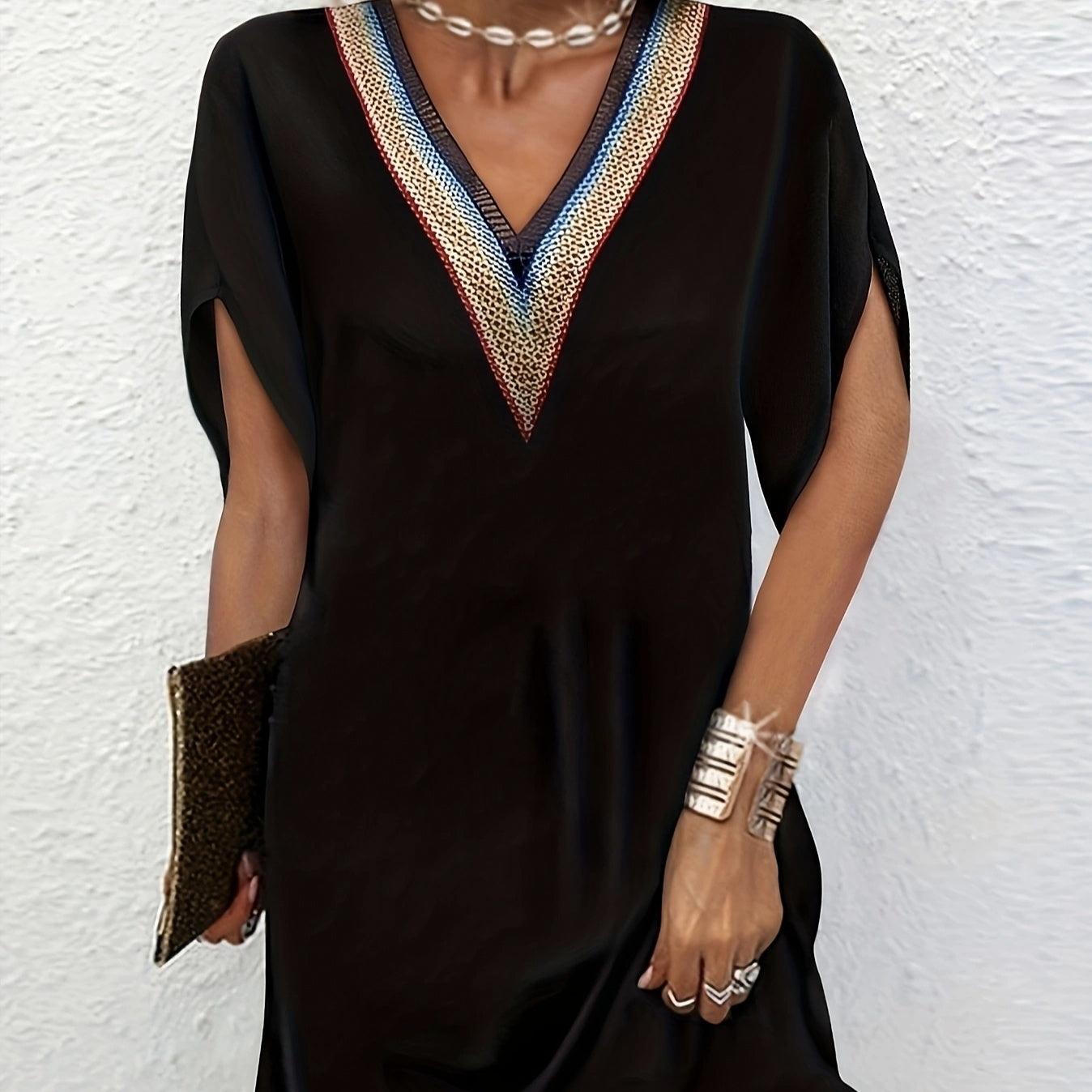 Ladies' Contrasting Lace V-Neck Dress – Casual, Lightweight & Breathable