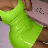 Solid Color Sling Dress Female Sexy Tight Leather Hip Skirt Party Festival Dresses-Fluorescent green-11