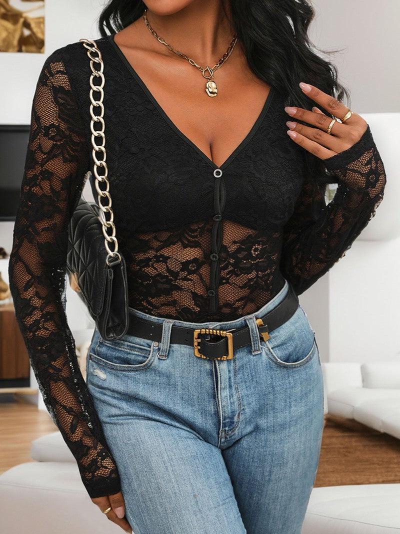 Perfee Lace V-Neck Long Sleeve Bodysuit