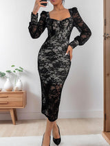 Perfee Lace Sweetheart Neck Long Sleeve Midi Dress-3