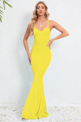 Crisscross Spaghetti Strap Fishtail Dress-Yellow-5