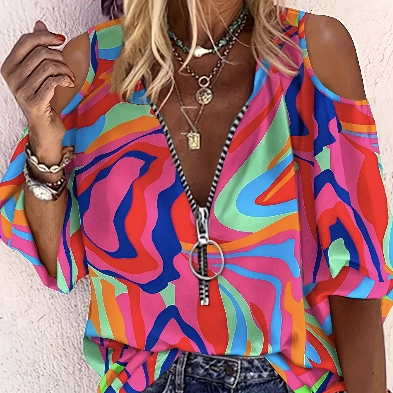 Ladies’ Printed Off-Shoulder V-Neck Zipper Lantern Sleeve Top | Chic and Versatile