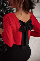 Bowknot V-Neck Long Sleeve Blouse-Red-1