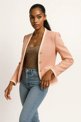 Elegant peach pink blazer for women – chic fitted jacket with gold buttons for work or casual wear