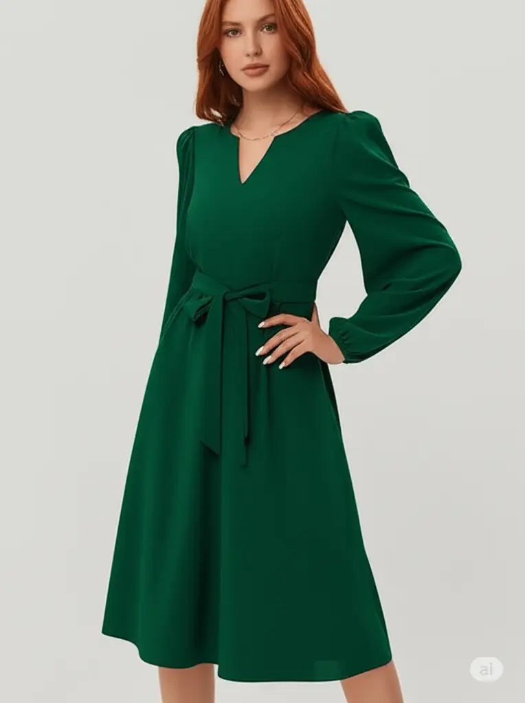 Otoño e Invierno Ropa de Mujer Europea y Americana Pequeño Vestido de Manga Larga con Cuello en V y Encaje