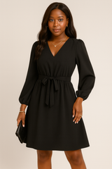 Otoño e Invierno Ropa de Mujer Europea y Americana Pequeño Vestido de Manga Larga con Cuello en V y Encaje