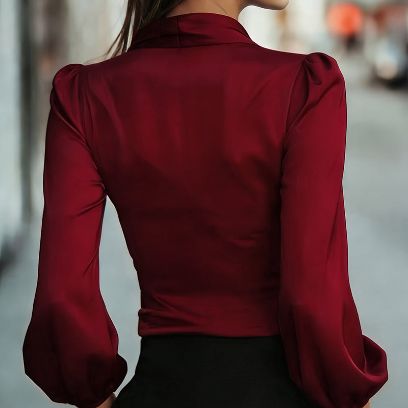 Satin V-Neck Tie Waist Blouse