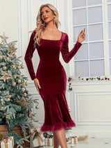 Plush Hem Square Neck Long Sleeve Dress-3