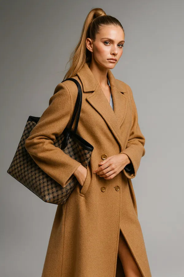 Classic camel wool coat for women - double-breasted long overcoat with pockets