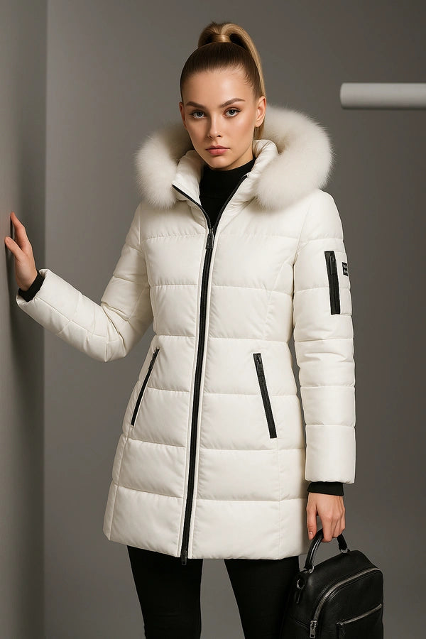 Women's white padded winter coat with fur hood and zipper pockets