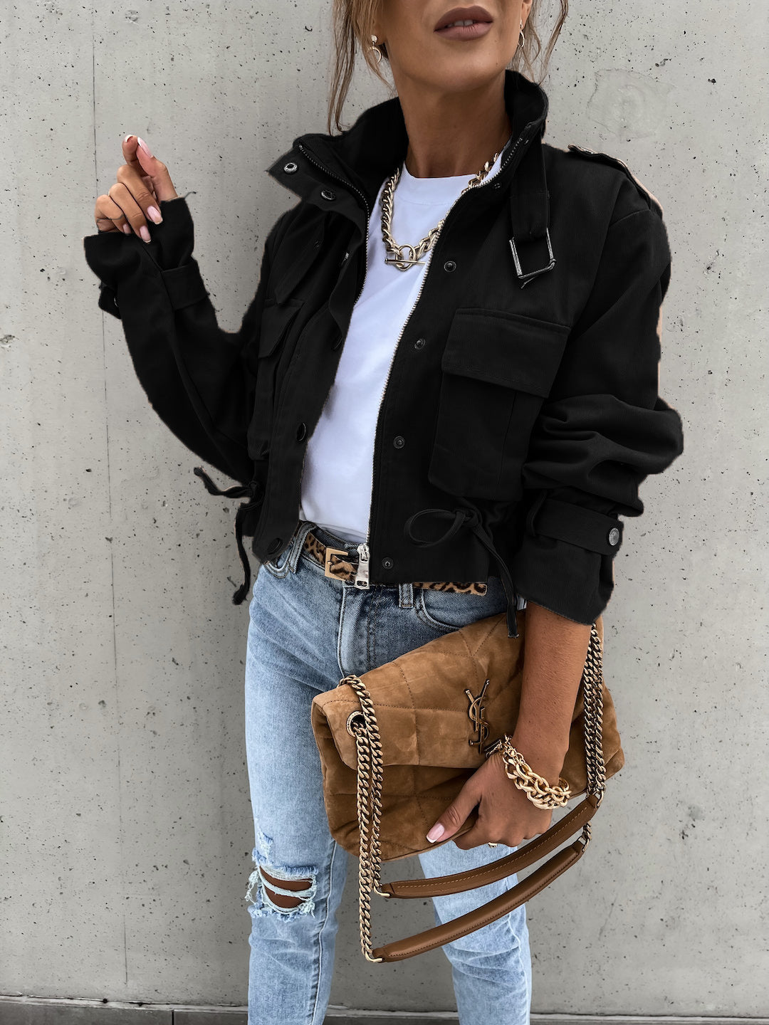 Cropped Vegan Leather Moto Jacket