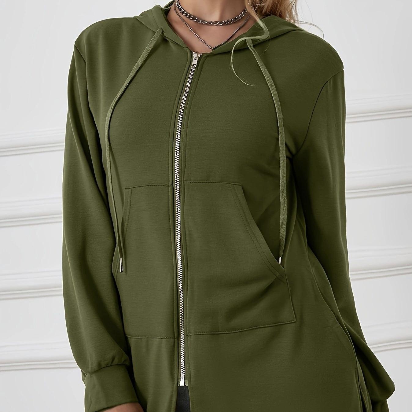 Women's Military Green Hooded Sweatshirt – Lightweight Zipper Jacket with Drawstring for Casual Sporty Style