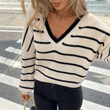 Striped V-Neck Bow Back Sweater