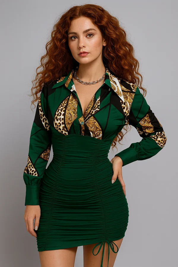 Green ruched mini dress with printed long sleeves – elegant women’s fashion outfit