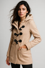 Women's beige duffle coat with hood, toggle buttons and front pockets