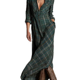 Casual Long Sleeve Lapel Plaid Long Dress