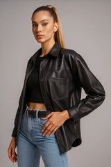 Women's black faux leather overshirt jacket with snap buttons – modern casual look