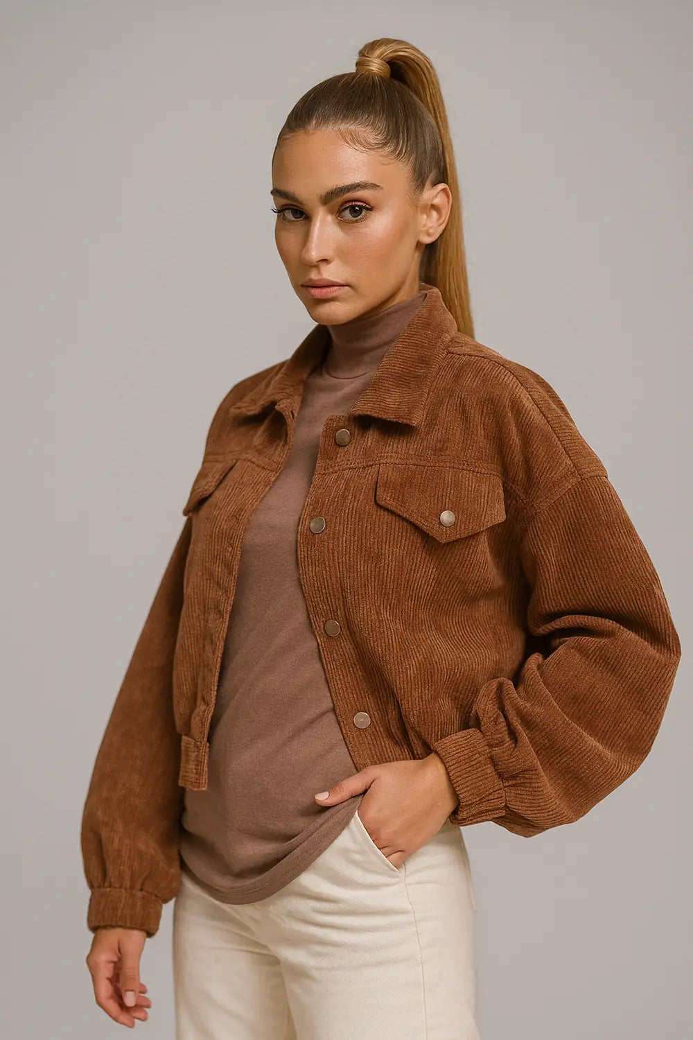 Women's brown corduroy jacket with button closure – vintage casual outerwear