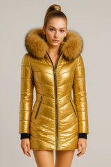 Women's metallic gold puffer jacket with faux fur hood - winter fashion coat
