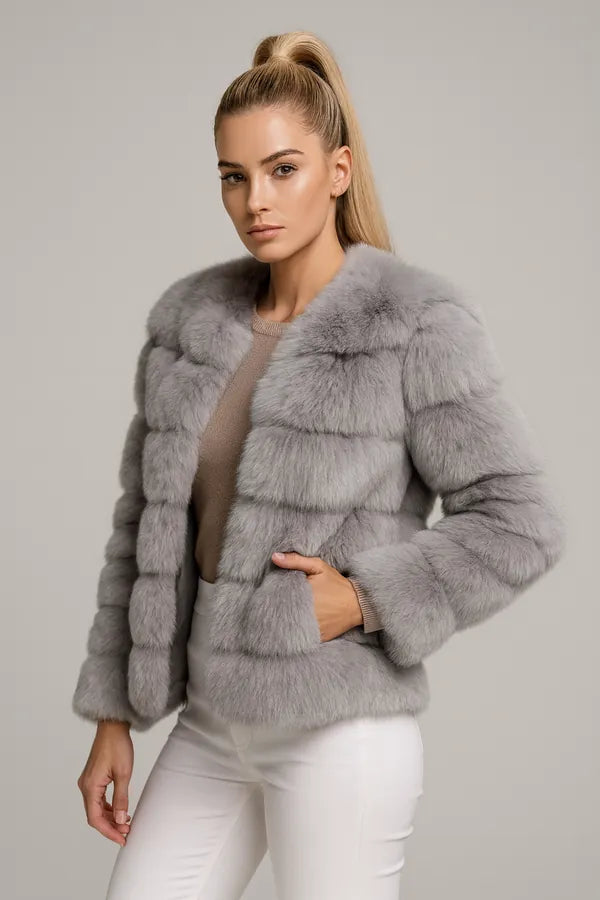 Women's cropped gray faux fur jacket - elegant winter style