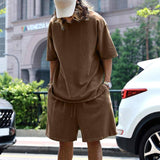 2pcs Loose Sports Suits Summer Round Neck Short-sleeved-Brown-4