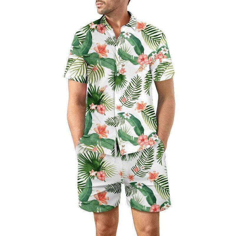 2Pcs Printed Beach Shirt Summer Suit Loose Lapel Button Top DCS07DXCS7 / 3XL-DCS07DXCS5-2