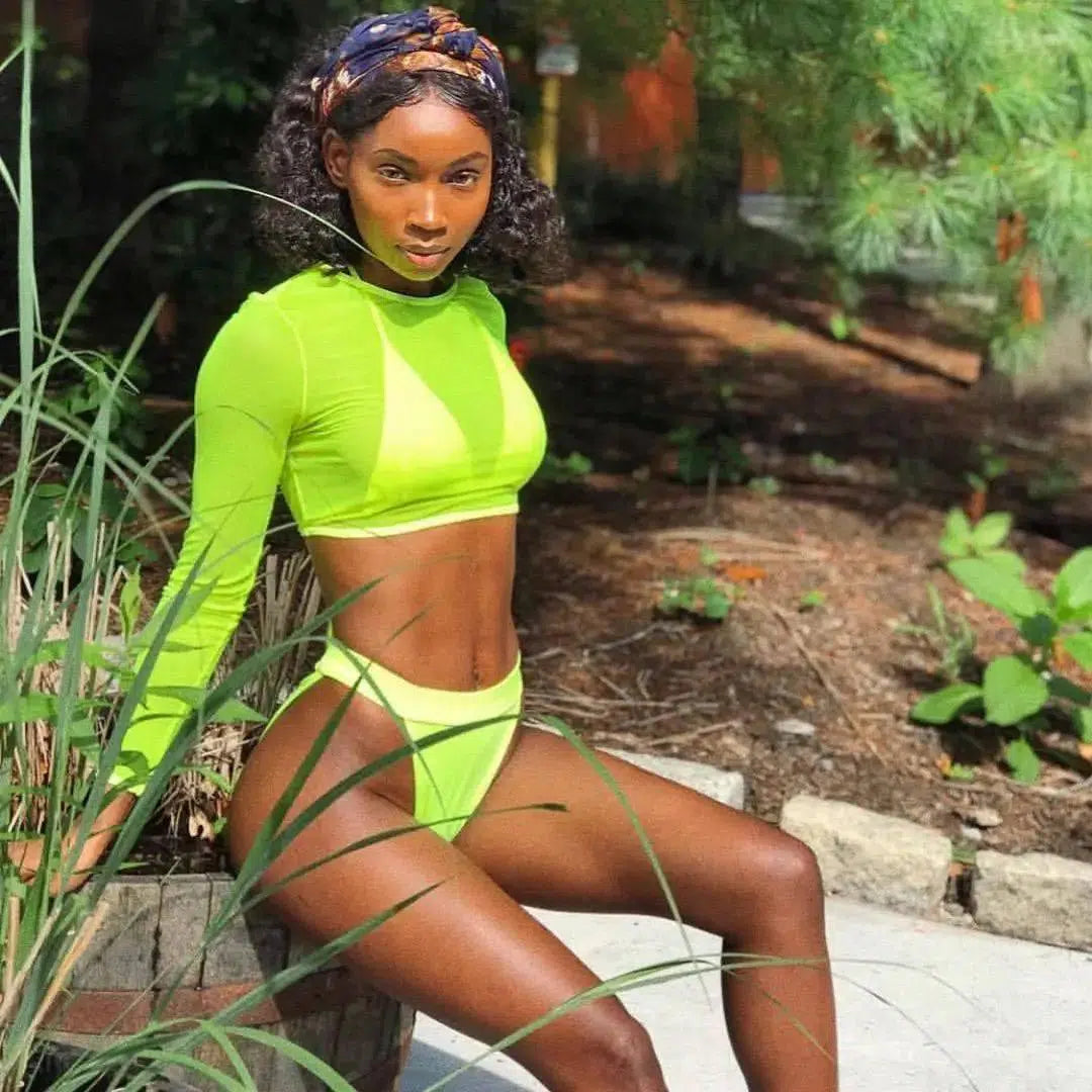 3 Piece Neon Green Bikini Swimsuit Women Sexy Long Sleeve-Fluorescentyellow-2