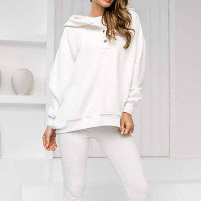 3pcs Women's Sports Suit Loose Hooded Pockets Sweatshirt And Vest And Slim Trousers-White-15