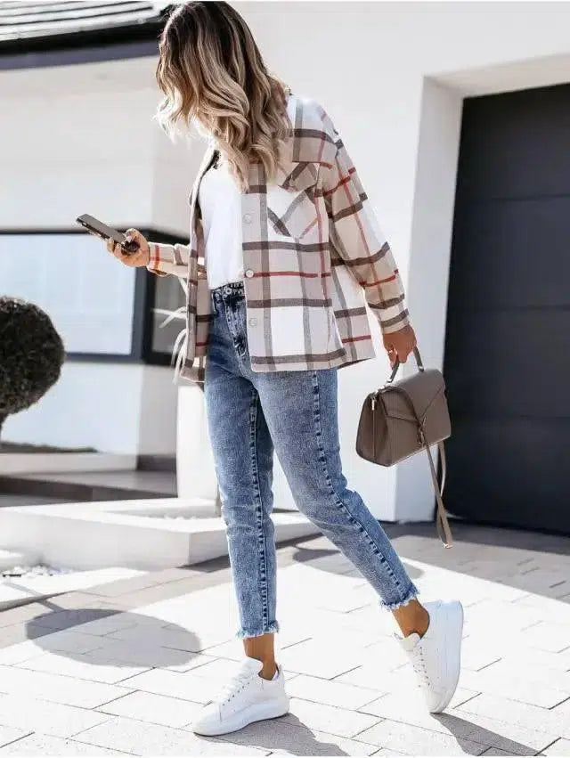 Autumn And Winter Long-Sleeved Plaid Shirt Jacket Women-3